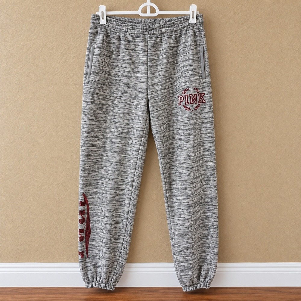 Vintage PINK Victoria's Secret Joggers XS Gray Marled Sequin Logo Sweatpants